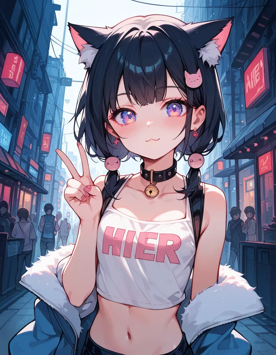 Masterpiece, (best quality), (high quality), moder street, 1girl, solo, sexy pose, high fashion clothes, (young), cute cat mouth...