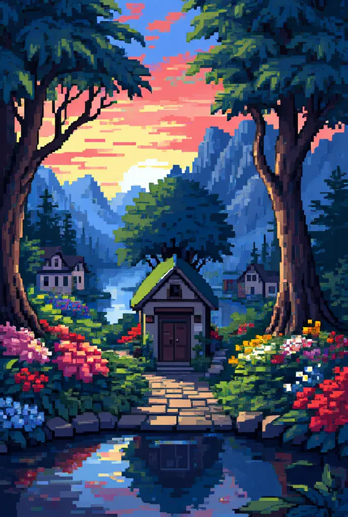 a small village by the river, mountains in the background, floral flowers colorful, detailed landscape, Beautiful natural landsc...