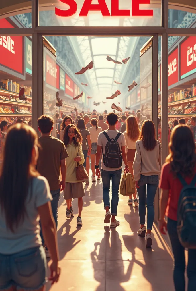 several people entering a shoe store because it's on sale