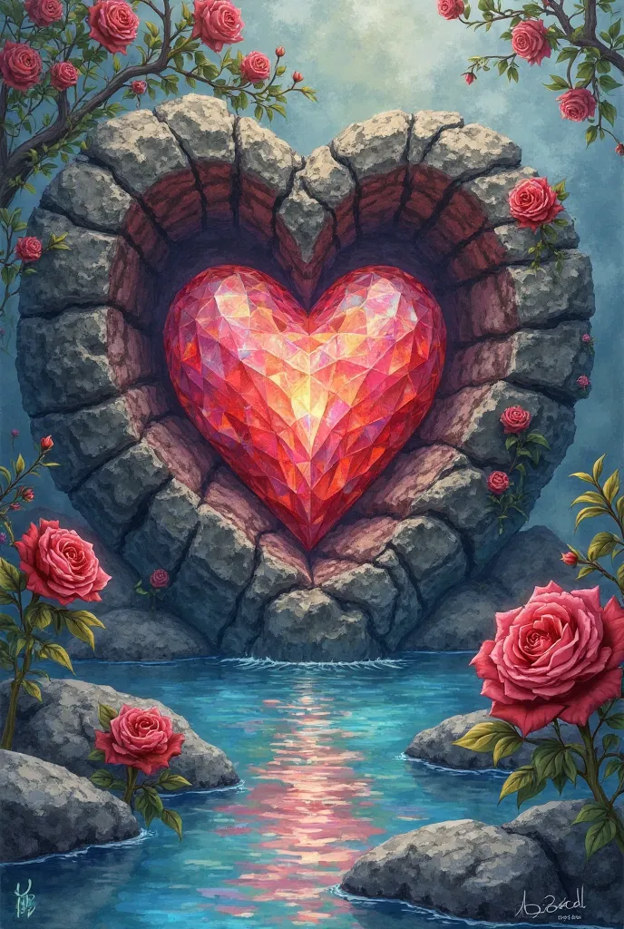 Image of a heart inside a rock and a beautiful well filled with water and red roses the heart colors of a very vibrant watercolo...