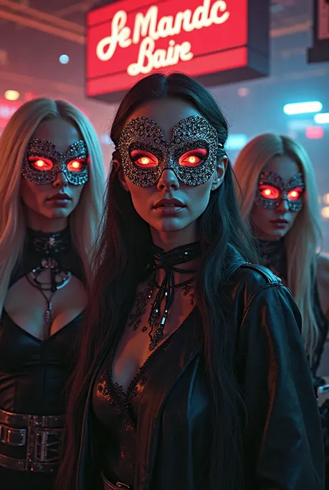 Girls with diamond masks and majestic eyes in a recording studio 
And in the background a huge sign that says the maniac FT the ...