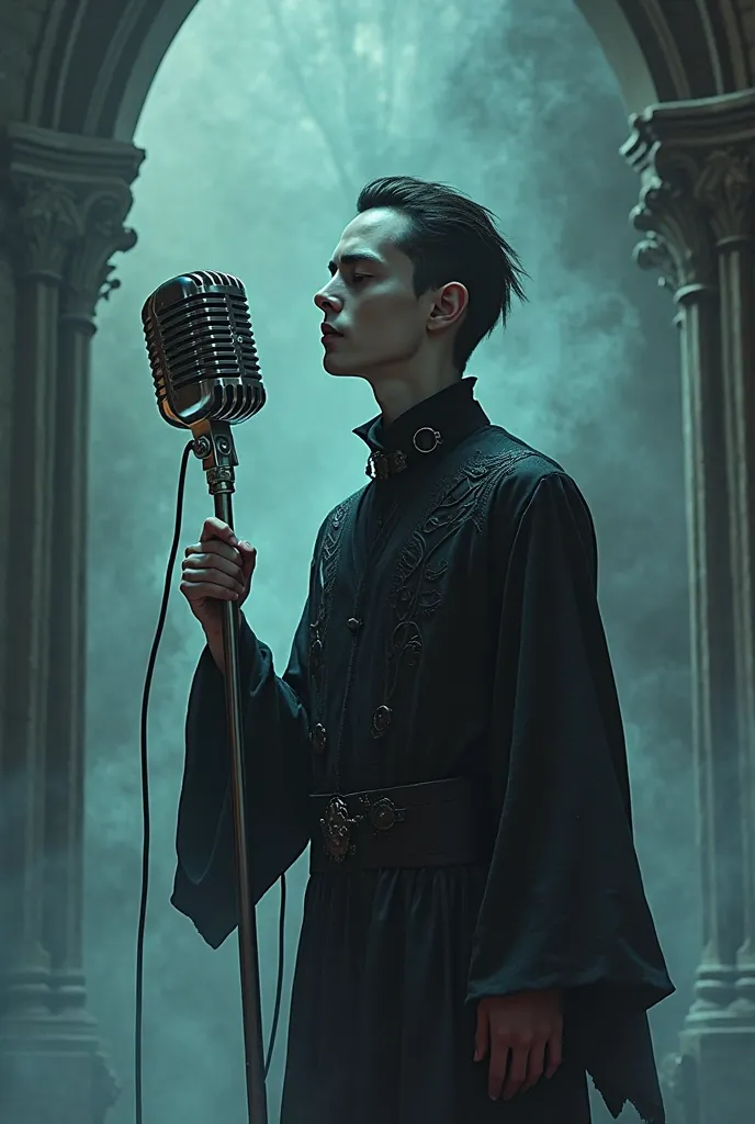 Smoky gothic male vocalist in cartoon holding a microphone with mechanical arm