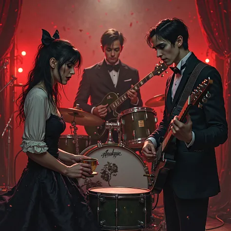 A vampire band playing, a vampire with her hair tied in two bows, play the drums; a vampire with a dark complexion and short hai...