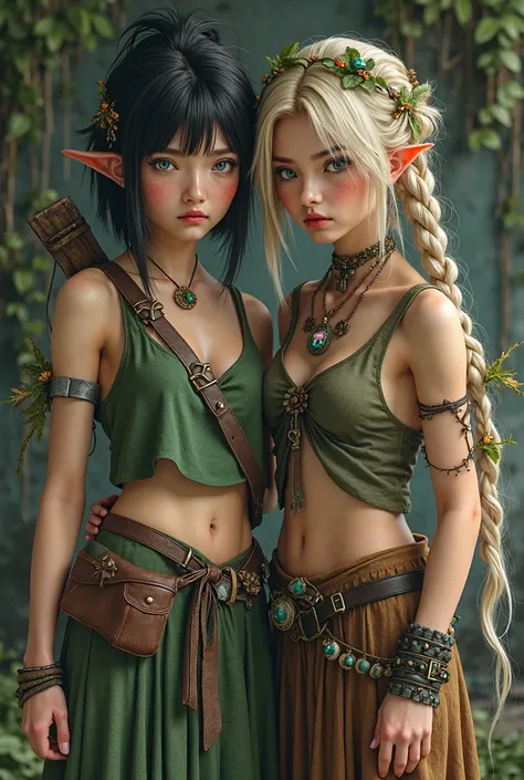 A brunette girl with bright blue eyes, short untidy black hair with a metal accessory similar to a crown, a blonde girl with gre...
