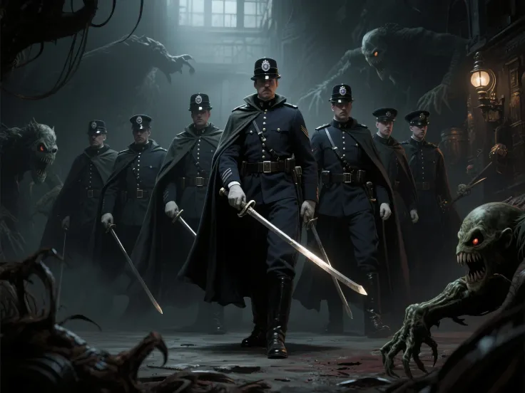 1900s,fictional police,police uniform,a unit organized to defeat monsters,cloak,police saber