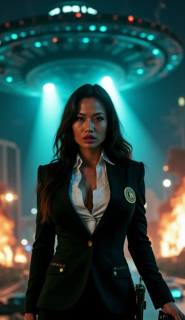 (low-angle perspective:1.6), (medium-shot:1.8), fearless FBI agent in black suit (voluptuous cleavage, white V-neck blouse), off...