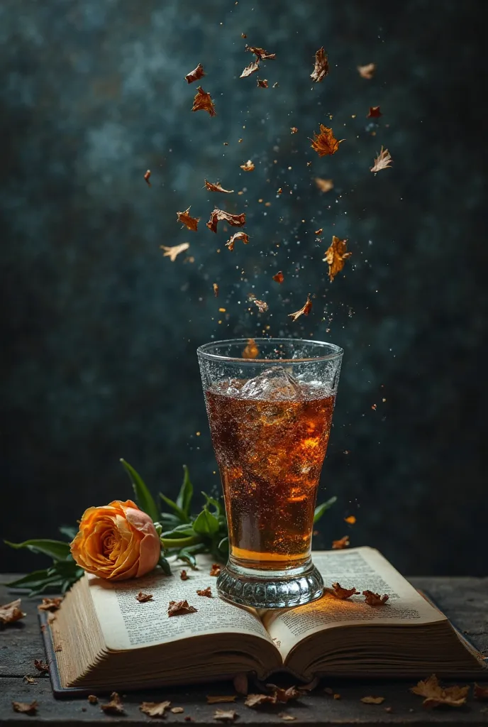 A dark background , like a night or a stormy sky.
A broken glass, spilling a drink (symbol of the chaos of the party).
An ope...