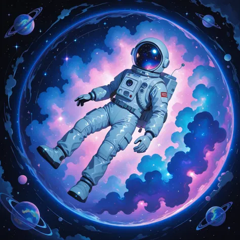 astronaut doodle, cartoon, funa whimsical cartoon astronaut drifting in space,curious expression,floating in zero gravity,surrou...