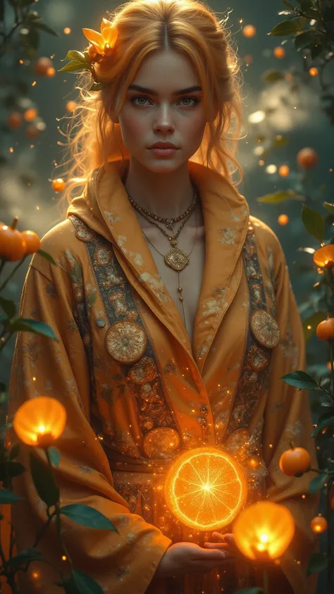 A warm-hearted healer woman with citrus-colored hair and a robe inspired by traditional herbal medicine, surrounded by glowing y...