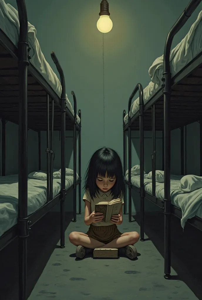 "An orphanage dormitory with rows of plain, metal-framed beds. A young Norma Jeane sits on one bed, reading a tattered book by t...