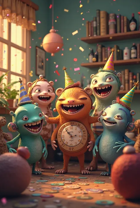 A group of wrist watches with faces having a party in a house