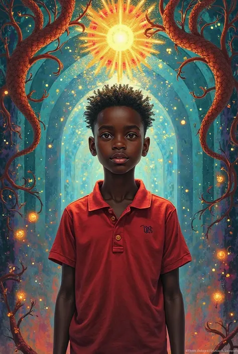 Create the cover of a book about Orixás with a black boy in a red polo shirt as the protagonist of the book