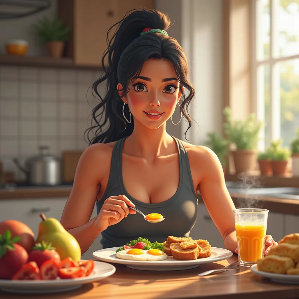 Brenda Castillo volleyball player eating her nutritious breakfast Eggs, fruits, oats or whole wheat bread
Natural juice or coffe...