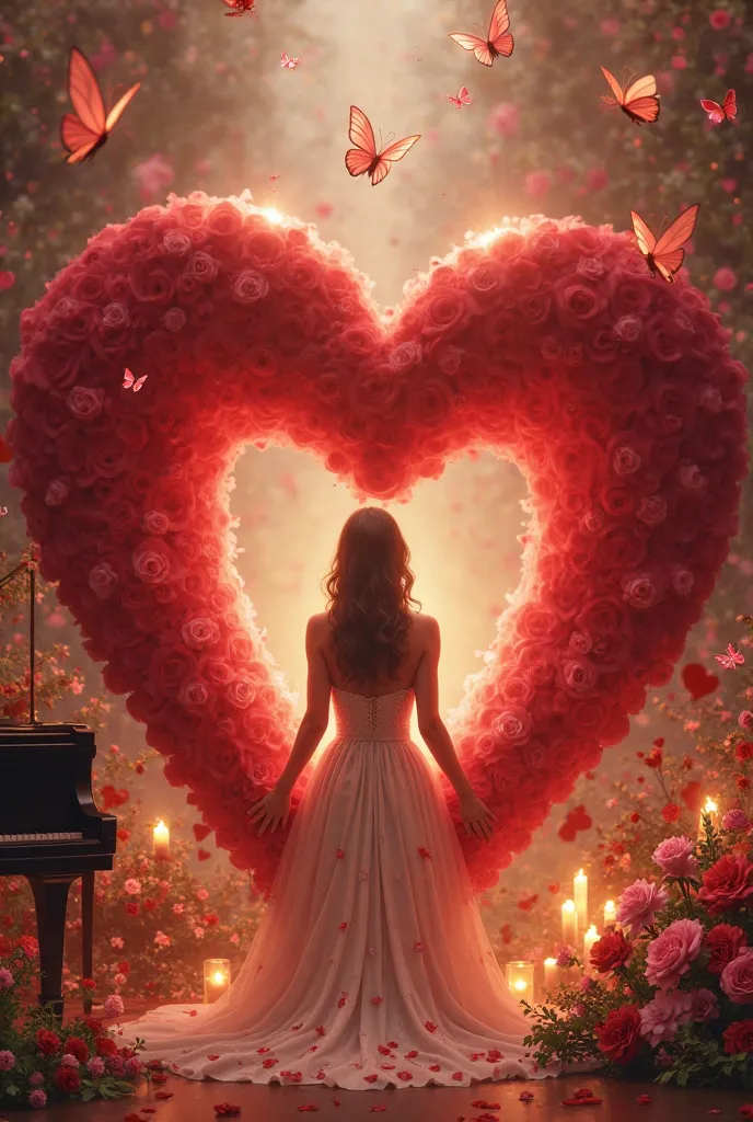 A big red heart with a beautiful sitting inside it. Around it there is a piano, candles, flowers and butterflies.
