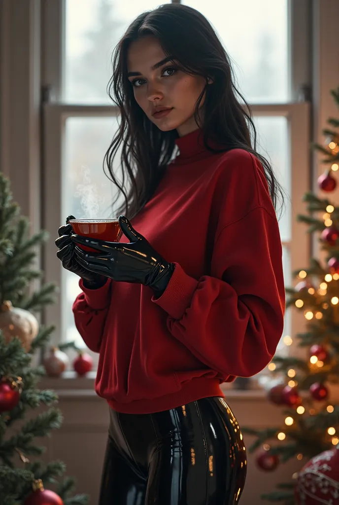a girl trying a red sweatshirt to her full enclosed bodyfit skintight shiny black latex catsuit and holding tea with her latex c...