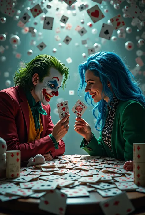 male joker playing a card game with his twin female joker, at a table made of playing cards. female joker long blue hair, gre...