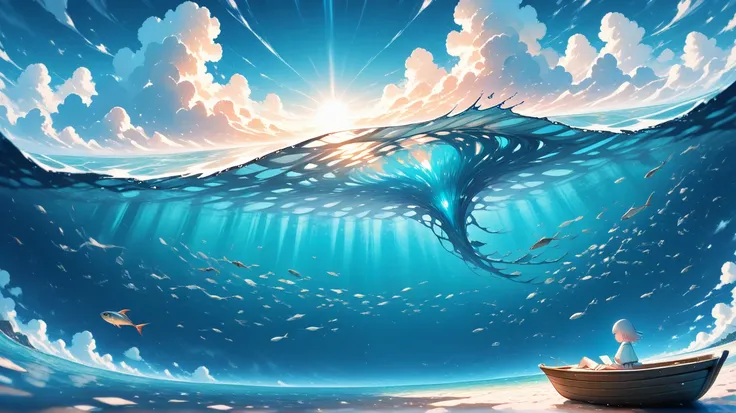 masterpieces , a single sweet and innocent girl reading a book in a boat flying in the sky above the sea surrounded by clouds, ...