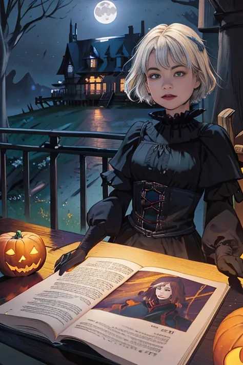 Top image quality、masterpiece、Vivid coloring、Edward Hopper's Style、Halloween、Aerial perspective、thirds rule、Norse wearing a wit...