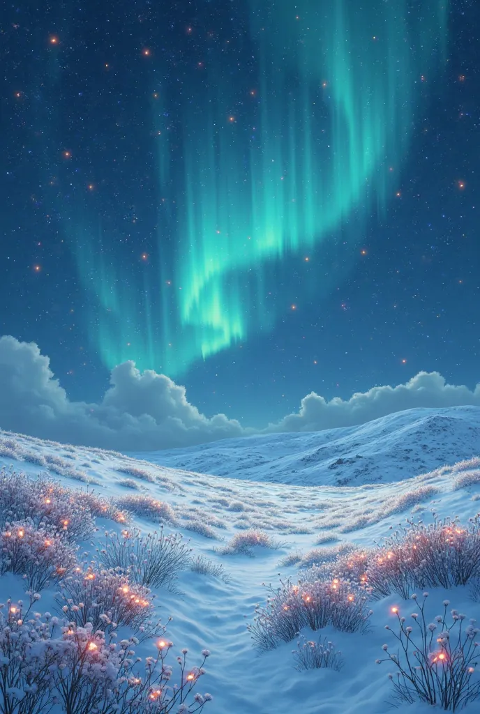 Draw me a night field, covered in snow, Some places have flowers. The sky has aurora borealis and fireflies are visible. Try to ...