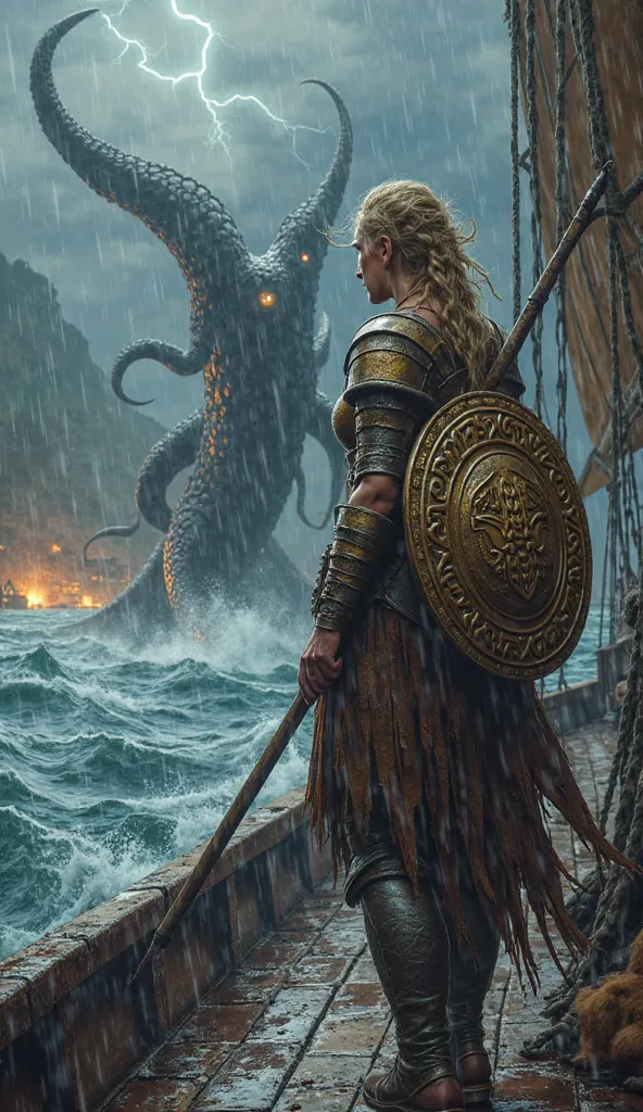A hyper-realistic, 4K HDR digital painting of a fierce Viking shieldmaiden standing on the deck of her ancient wooden longship, ...