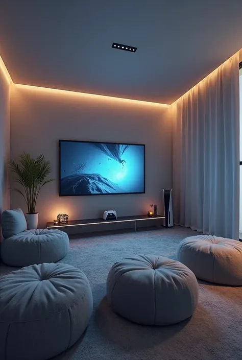 Chambre gaming de couleur gris ps5 et tv et deux poufs pour seul personne Avec des accessoires led de décore