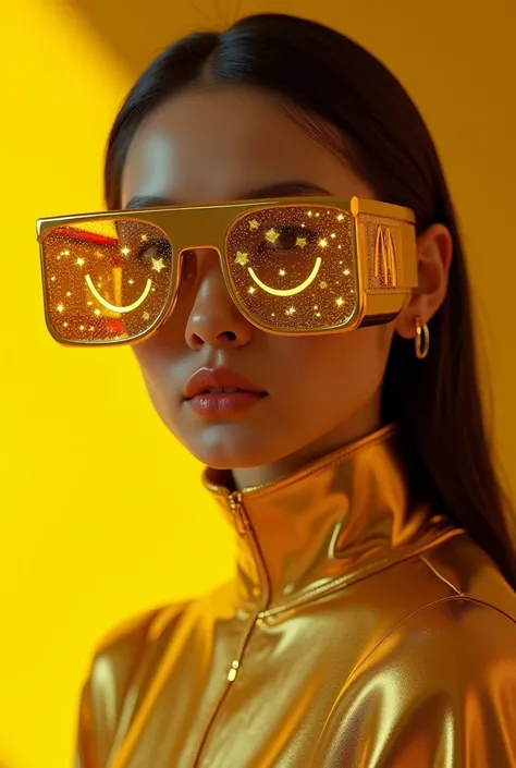 The model is wearing glass sunglasses with stars and A gold metallic McDonald's-style meal box with a glossy shine and luxurious...