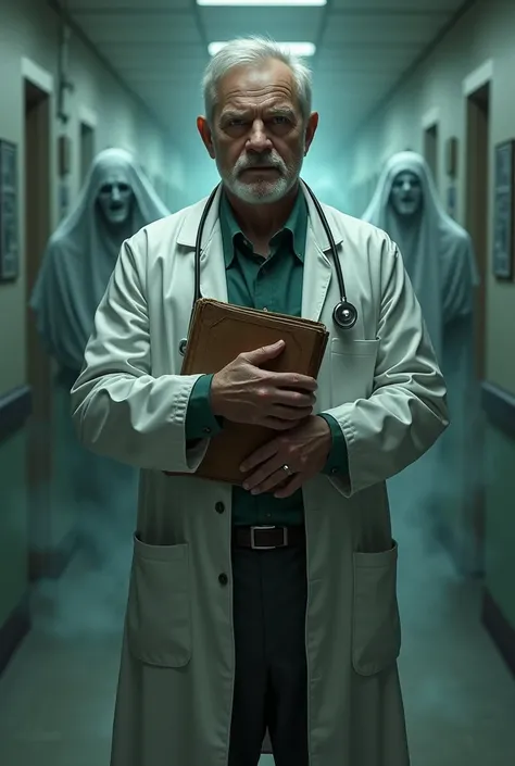 Doctor man stands in the foreground, in the middle, holding a book in his hand, pressing it to his chest, in the background hos...
