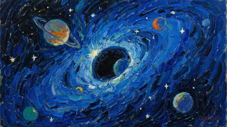 A star system collapsing into a blackhole. The star collapsing is swallowing the planets and even light cannot escape its gravit...