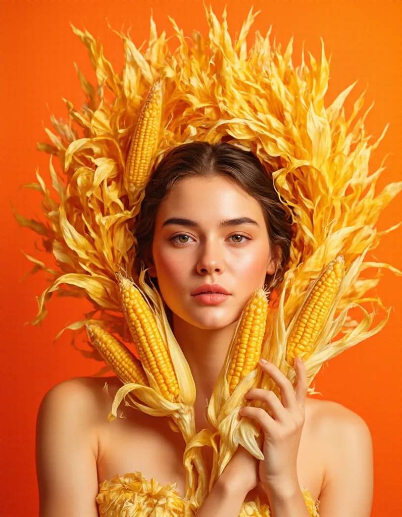 Create a portrait of a beautiful woman wearing a corn wreath on an orange background, with corn in hand pop art style
