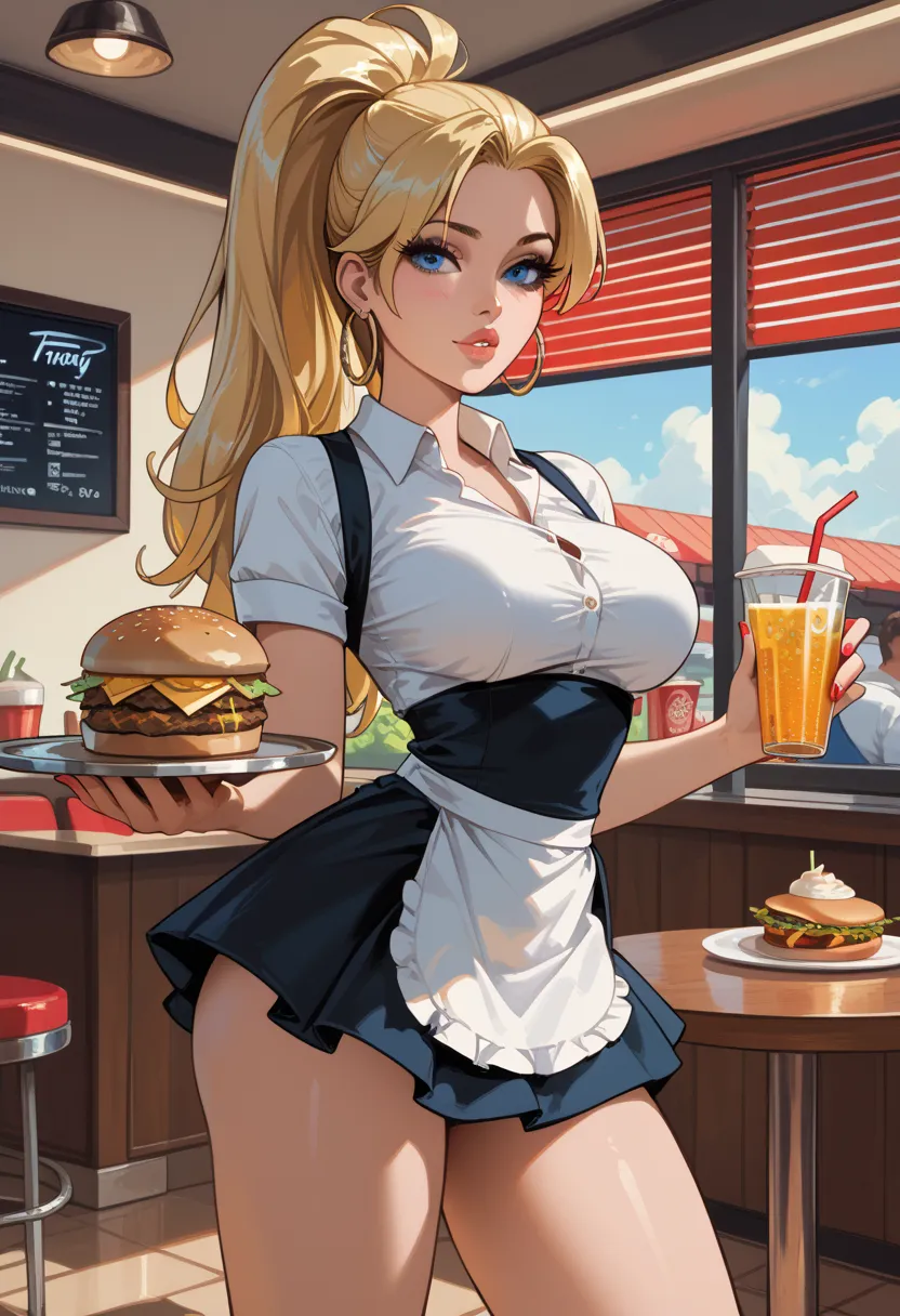 Super beautiful , facial beauty , chica blanca , American Beauty is standing next to a table , blue eyes , blonde , long hair , ...