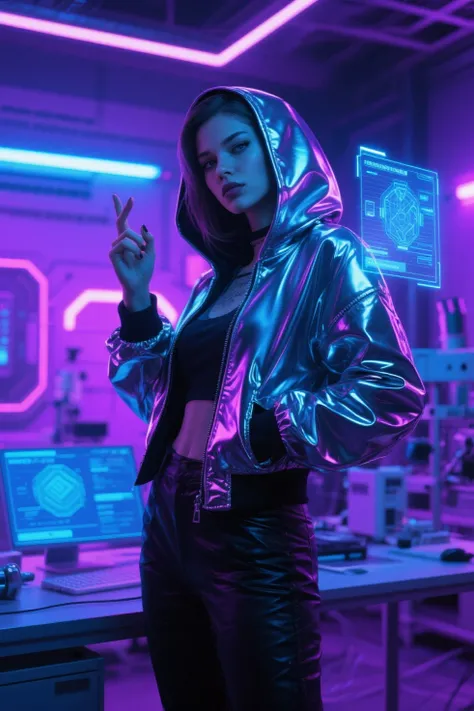A woman snapping her fingers as her liquid-metal jacket morphs from a blazer into a hoodie, sci-fi laboratory setting, holograph...