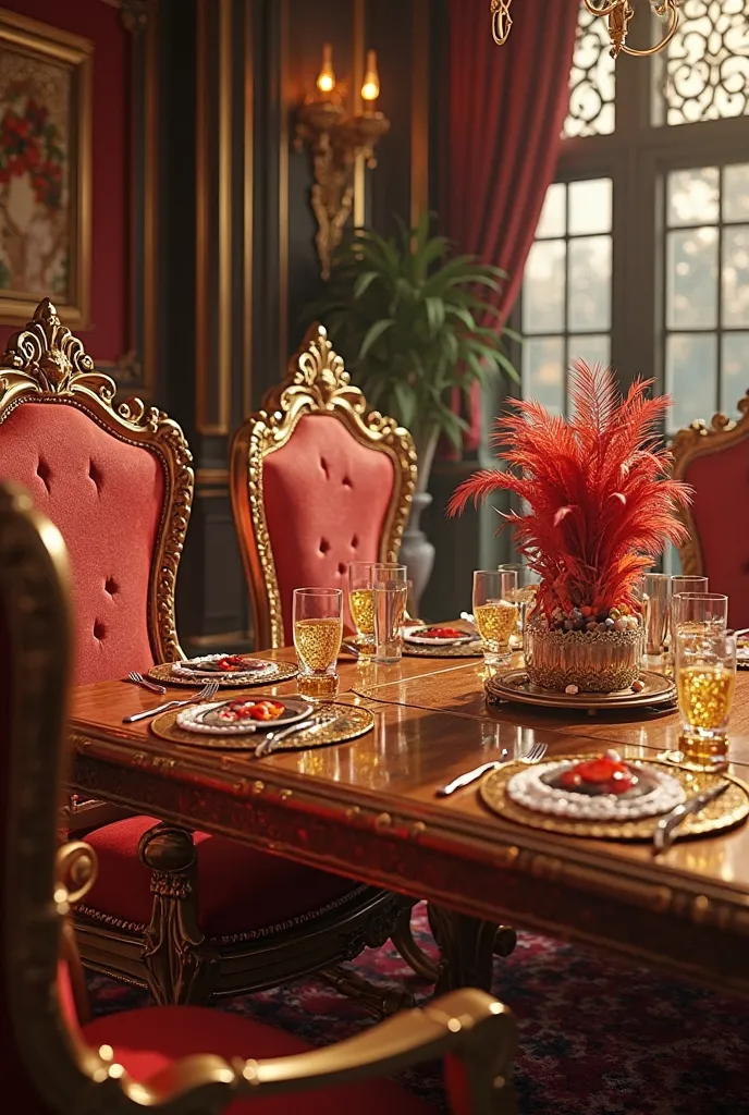Gatsby style tables and chairs decorated with pearls and feathers