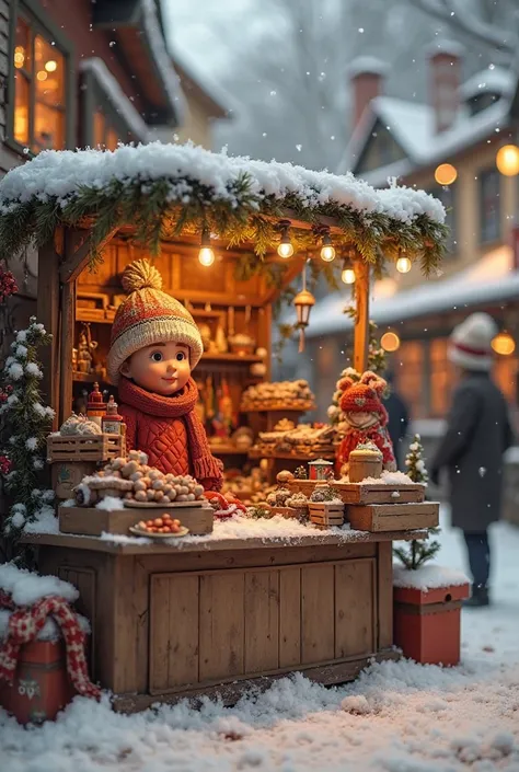 With a cardboard box to act as a market stall for a where there are typical winter things for example, a mini scarf, cotton sim...