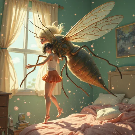 A tiny, pale-skinned woman in a comically chic mini skirt, clinging to the neck of a ridiculously oversized mosquito like it's h...