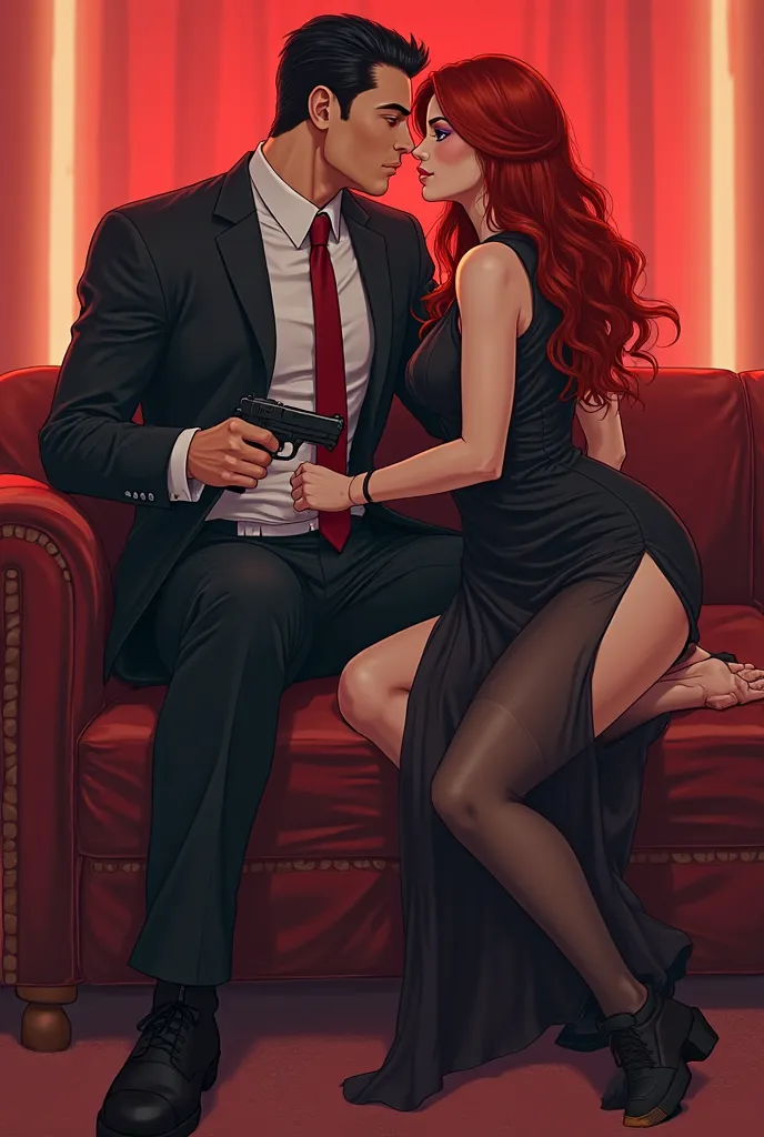 generate an image of an enemy romance. an image that represents characters. a redhead and a black-haired man. both hate each oth...
