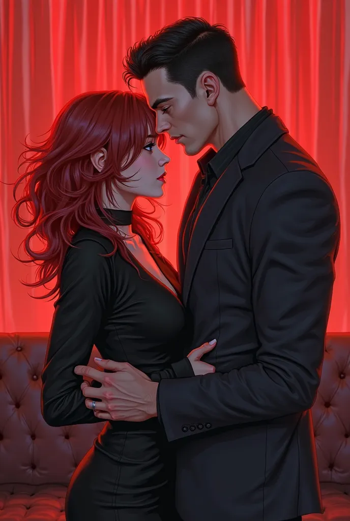 generate an image of an enemy romance. an image that represents characters. a redhead and a black-haired man. both hate each oth...