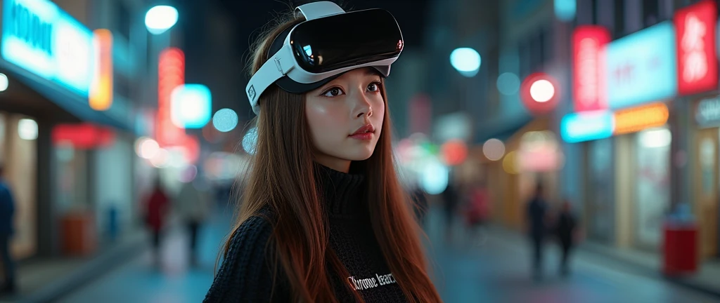 Product quality, 1 girl on break day, Cowboy Shot, front view,  a pretty young Japanese girl , At night, wearing a black knitted...