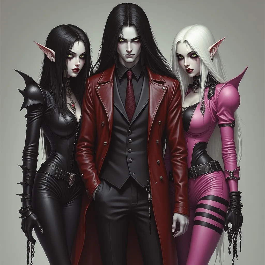 One young guy, white skinned man, with long black hair, in a black suit, black shirt, in a burgundy tie and a red leather coat w...