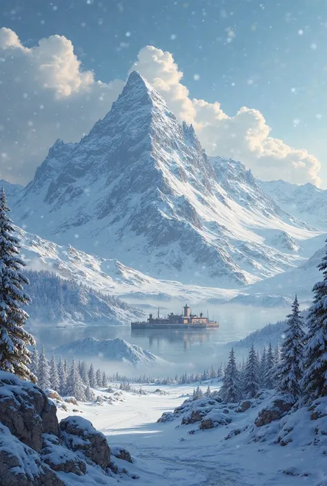 Make me a plains mountain and an island. Medieval fantasy, add heavy amounts of snow, clouds.
