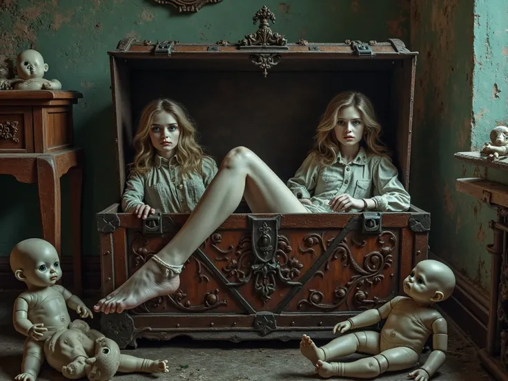 A woman tucked half of her body inside a chest in a room filled with dolls, half of her body inside the doll chest and the other...
