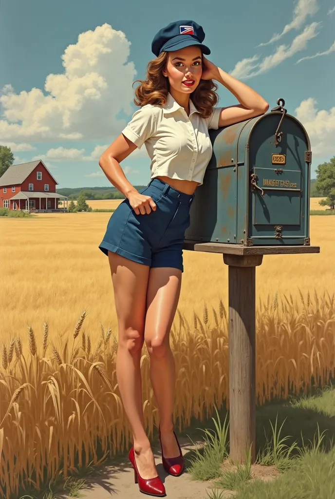 Gil Elvgren style pin-up of a female mail carrier in a USPS uniform exposing her leg at the mailbox of a farmhouse, 50s style ru...