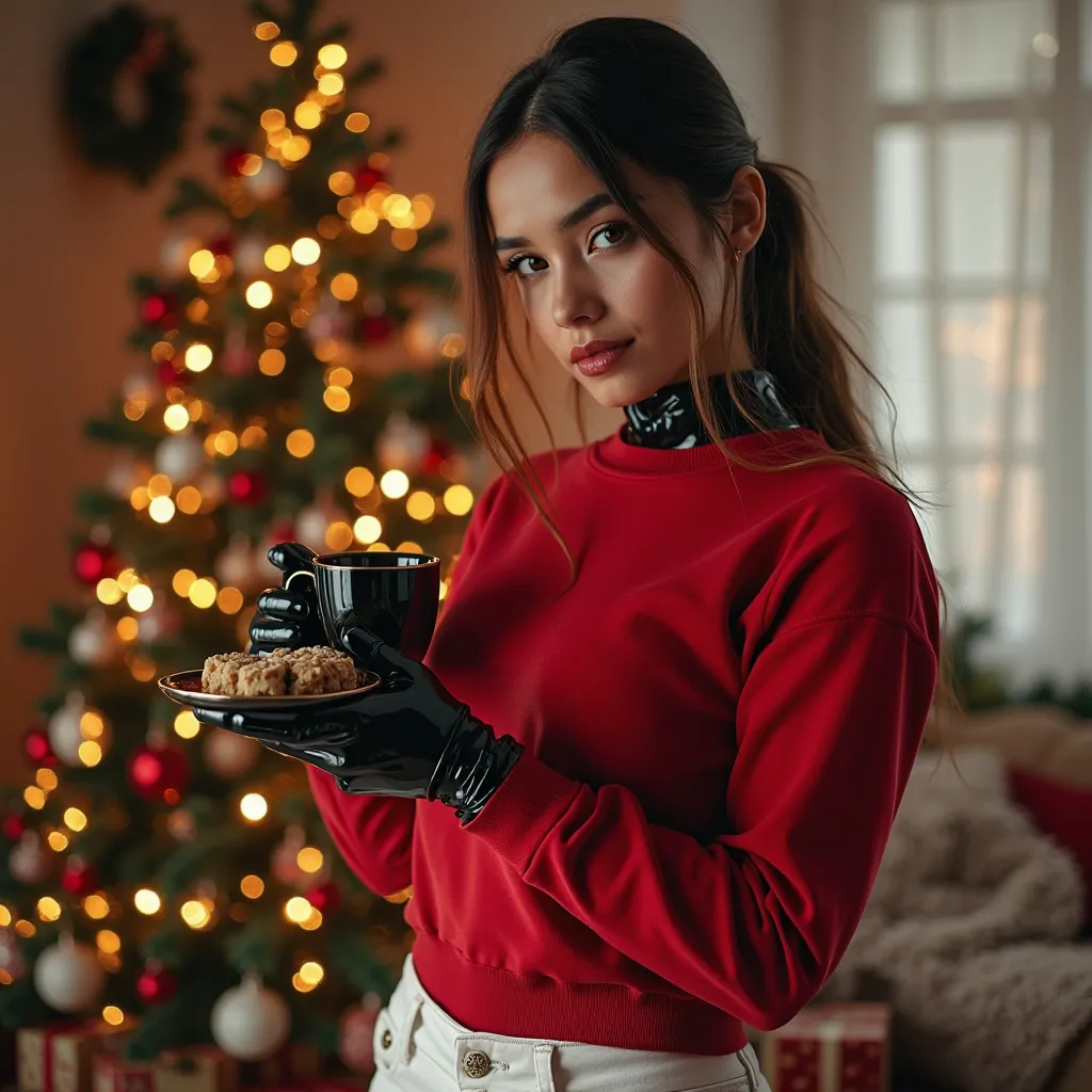 a girl trying a red sweatshirt with white jeans for her full enclosed bodyfit skintight shiny black latex catsuit in home in win...