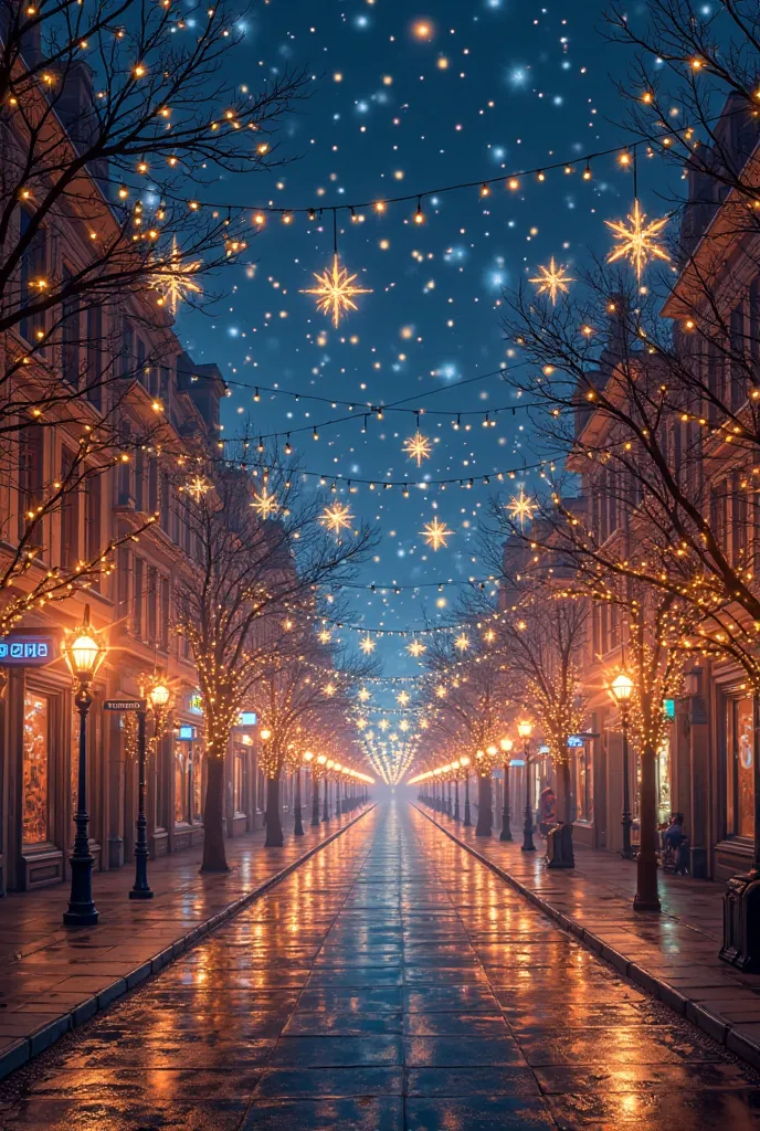 create 1 night street photo with animated sparkly lights