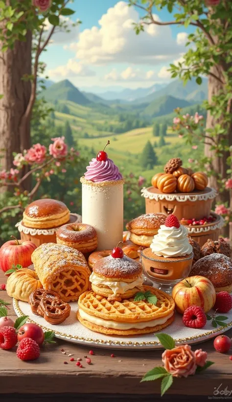 fashion. realism. masterpiece. Apples labeled TAKAMI, Crepes, flan, waffles , ice cream, puff pastry, pretzels, cookies , popc...