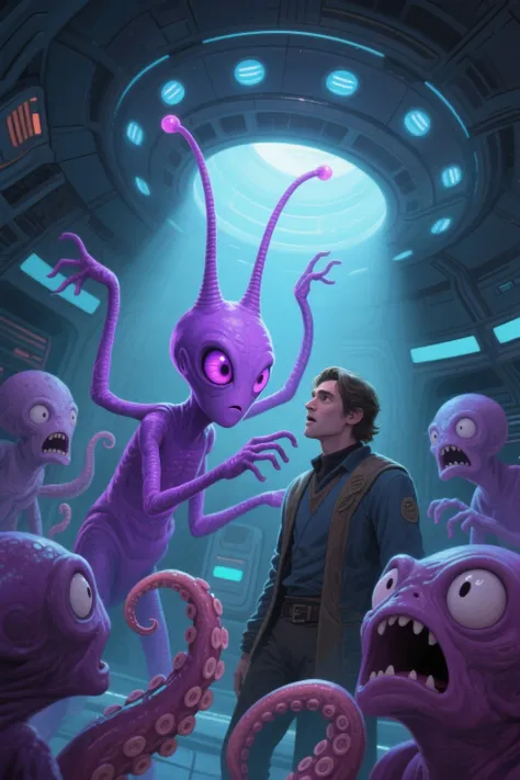 Strange creatures appeared around him while he was inside the UFO: With three antennae, four-armed, purple aliens with one eye a...