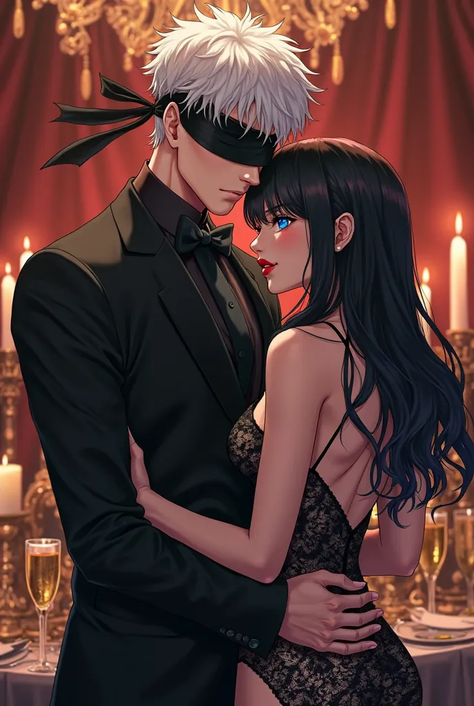 Gojo satoru from anime Jujustu Kaisen wearing a suit holding a girl with black hair and blue eyes in a skimpy laced black dress ...