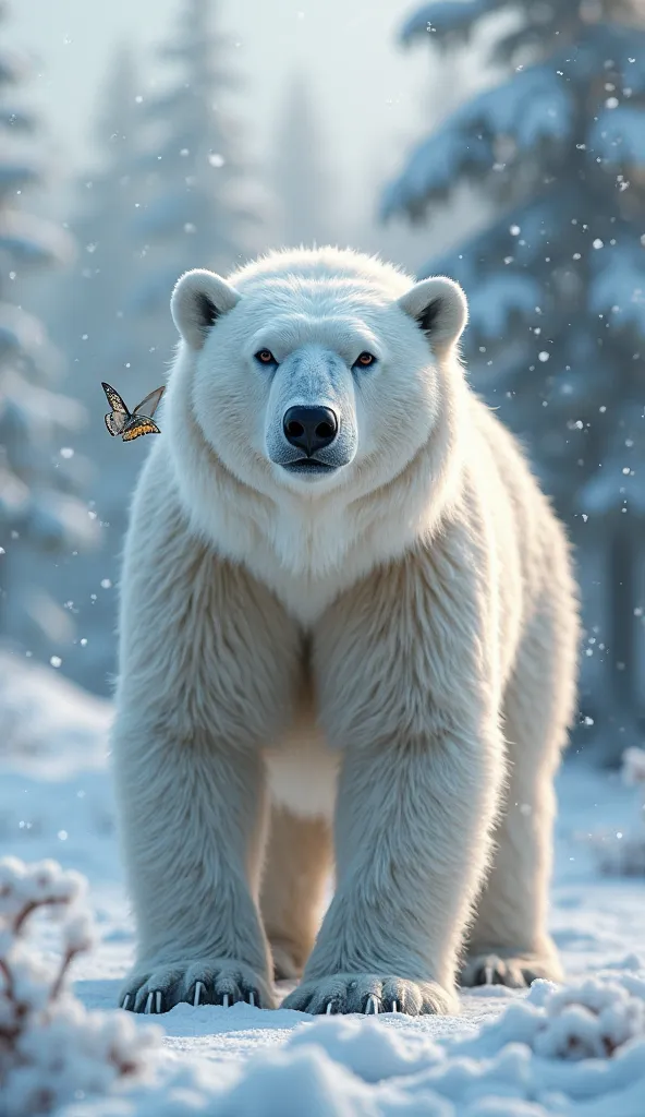 "A real-size snow bear with thick white fur stands majestically in a serene snowy biome, surrounded by snow-covered pine trees a...