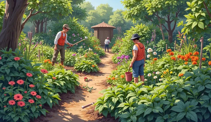 Garden being actively cultivated, with weeds being removed, but the main focus on nourishing the desired flowers and plants.