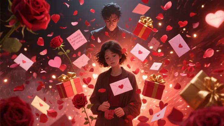 "A visually striking depiction of love bombing: a person stands in a storm of rose petals and glowing hearts, overwhelmed by gif...