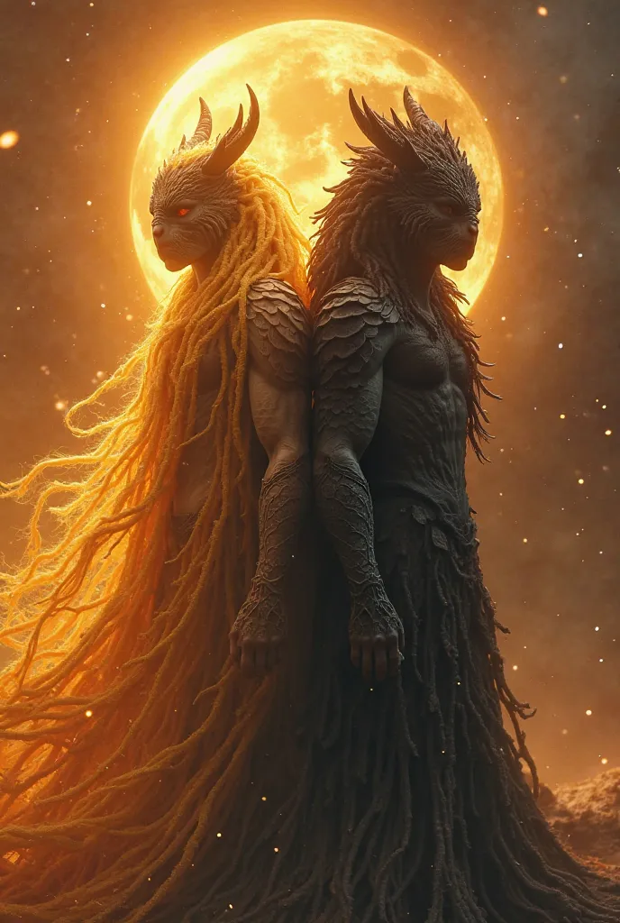 2 large half-human magical creatures. A magical creature, magic of sun. And a magical creature with magic of Shadow. They stand ...